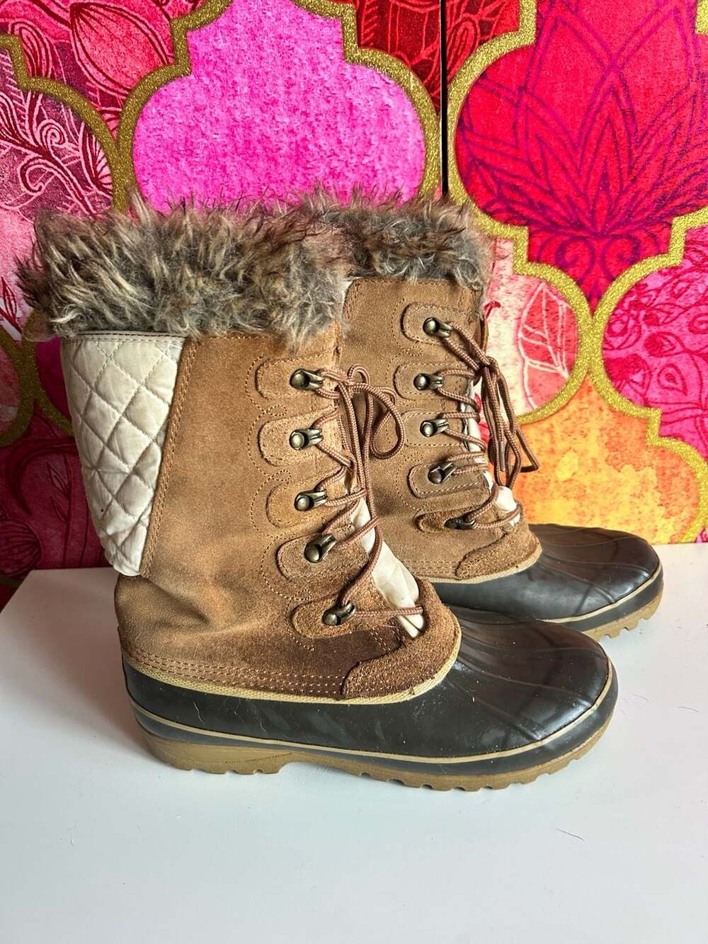 Khombu Nordic 2 Winter Snow Boots Brown Suede Faux Fur Lace Up Size 9M